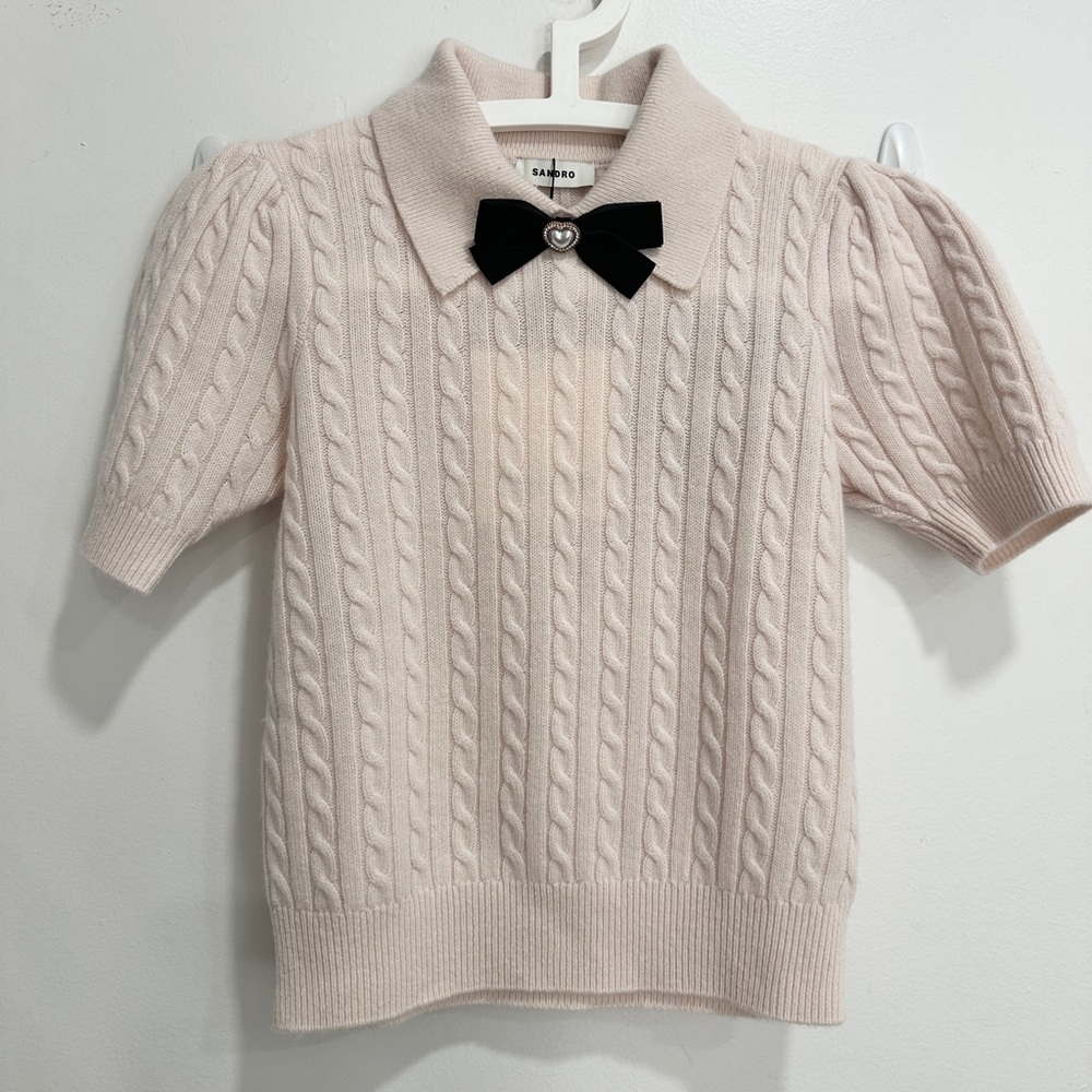 Sandro NWT Pink Cable Knit Polo Top with Bow